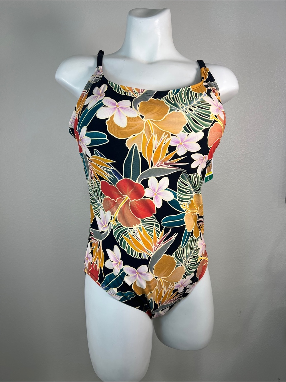 Hurley Black Floral One-Piece Swimsuit with Multicolor Tropical Print XL